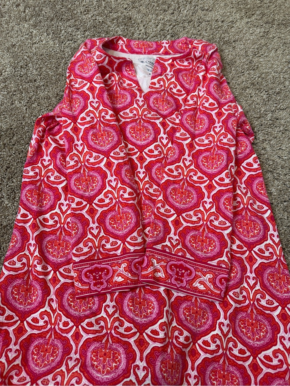 Coolibar Pink Red Tile Print Oceanside Tunic Shift Dress Small V- Neck UPF White - Picture 7 of 10